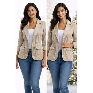 Liz Claiborne Khaki Utility Blazer Jacket Women Adjustable Waist Lightweight